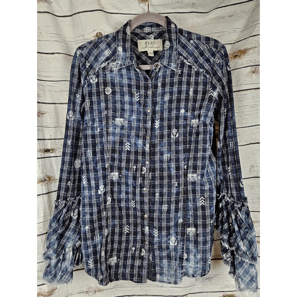 Ryan Michael Blue Plaid Woven Snap Top L Womens Ruffle Cuffs Western Boho